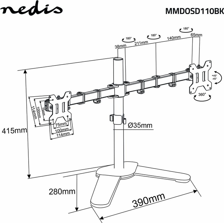 Produktbild Nedis Schreibtisch Monitorhalterung | 2 Bildschirm(e) | 15 - 32 " | 75x75 / 100x100 | Vollbeweglich (32")