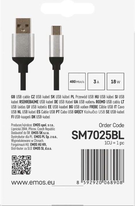 Actual product image Emos USB cable 2.0 A plug - C plug 1m, black (1 m, USB 2.0, 18 W)