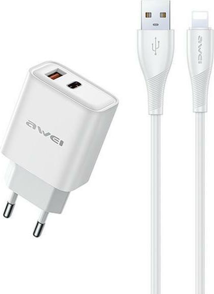 Awei ład. siec. PD81L-EU 22.5W + cable USB + Lightning biała/white GaN (22.50 W, 2 ports)