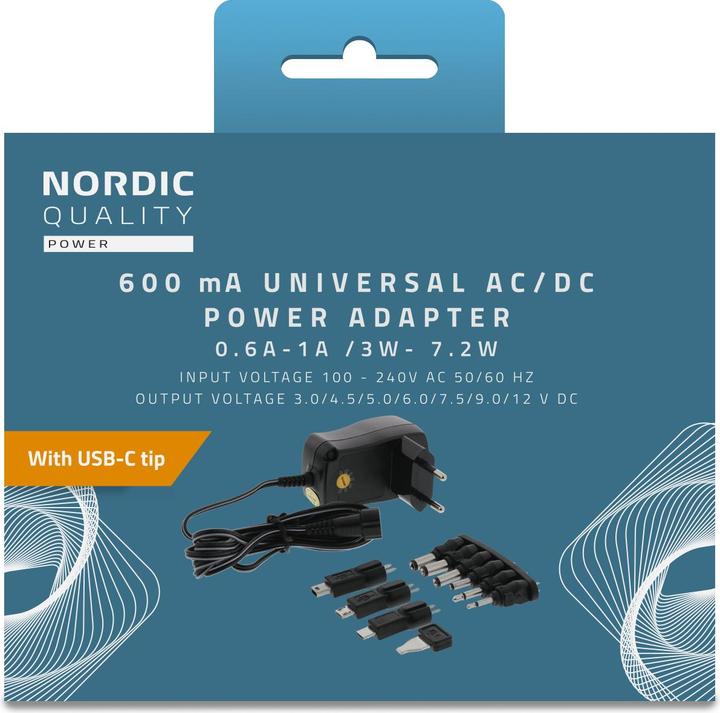 Actual product image Deltaco AC/DC universal plug-in adapter, 600mAh