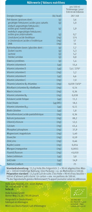 Valori nutrizionali e ingredienti Holle Latte di proseguimento biologico (667 g, da 6 m.)
