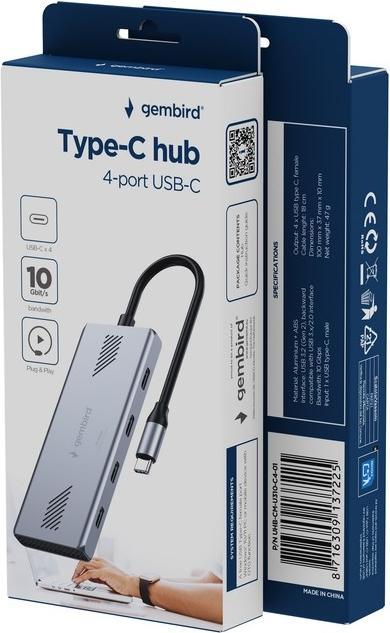 Immagine prodotto Gembird 4-PORTOWY HUB USB-C 3.2 (GEN 2) TYPU C SZARY (USB-C, 4 porte)