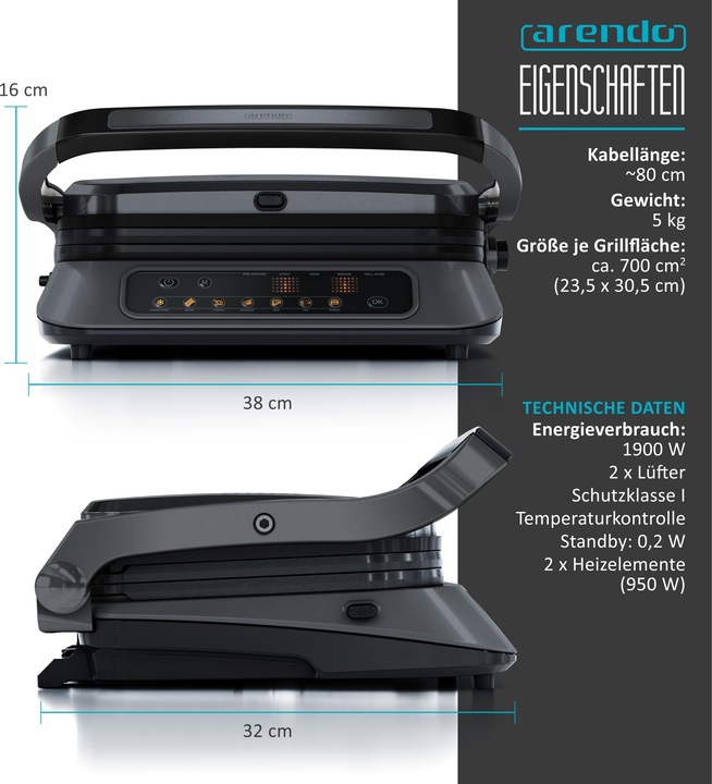 Image du produit Arendo Gril de contact 1900W, contrôle digital, gril de table, appareil à sandwich, plaques amovibles