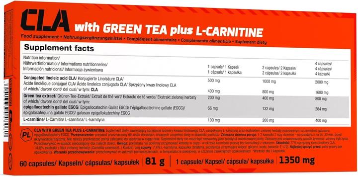Valori nutrizionali e ingredienti Olimp Sport Nutrition CLA e Tè Verde più L-Carnitina Edizione Sportiva (60 Caps) (60 Pezzo/i, Pillole)