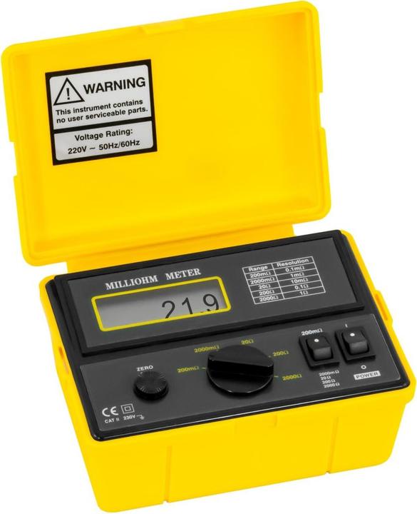 1 x Netzkabel, 1 x Bedienungsanleitung, 1 x Milliohmmeter PCE-MO 2001, 1 x Satz Prüfleitungen