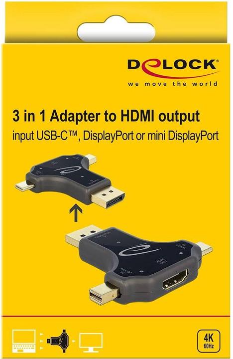 Produktbild Delock 3 in 1 Monitoradapter mit USB-C/DP/ mini DP Eingang auf HDMI Ausgang (HDMI, 15.70 cm)