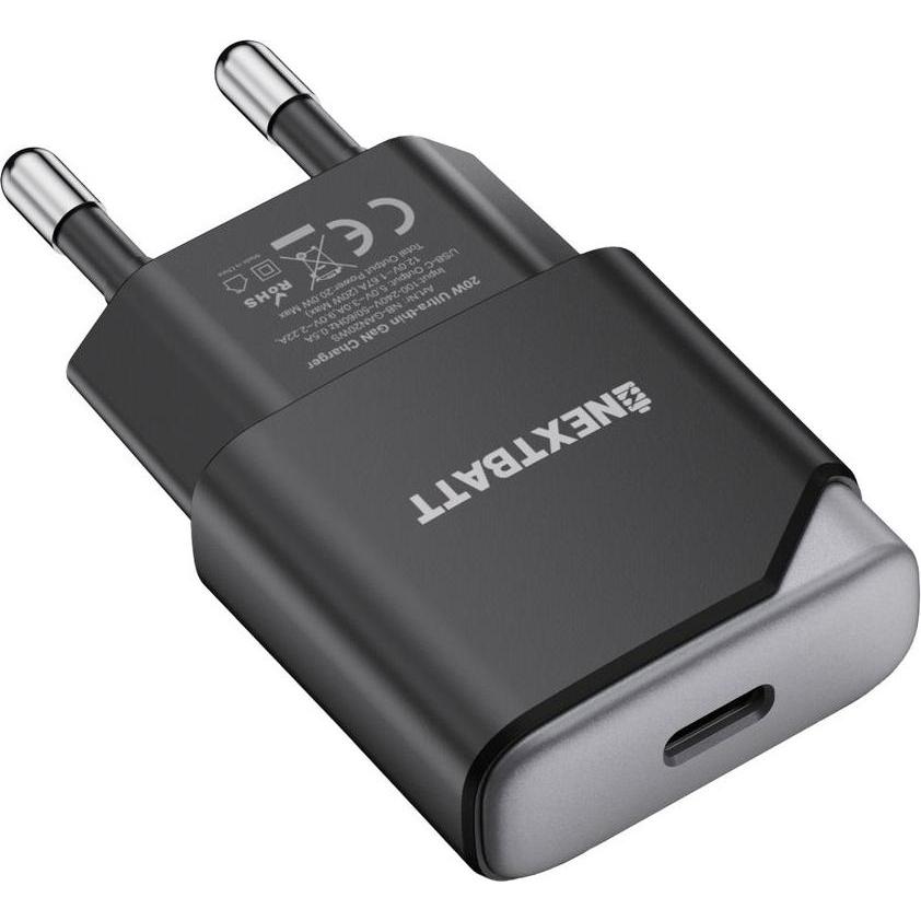 Nextbatt GaN 30W Slim Wall Charger USB-C – Black/Gray (30 W), Caricatore USB, Nero, Grigio