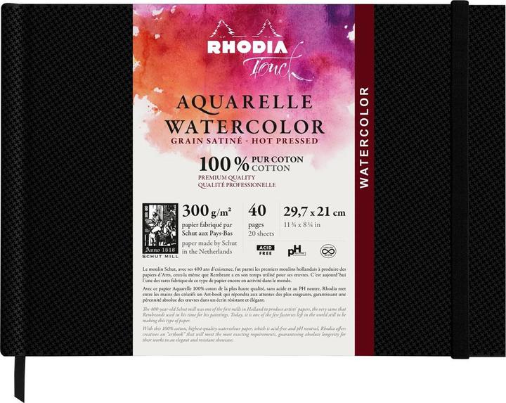 Image du produit Rhodia Touch Watercolor Book, papier 100% coton grain satiné 300g - A4 paysage, 40 pages - Noir (300 g/m², 100 x)