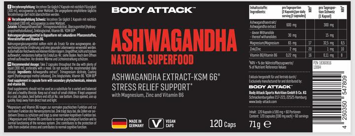 Nutritional values and ingredients Body Attack Ashwagandha (120 Piece, Capsules, 71 g)