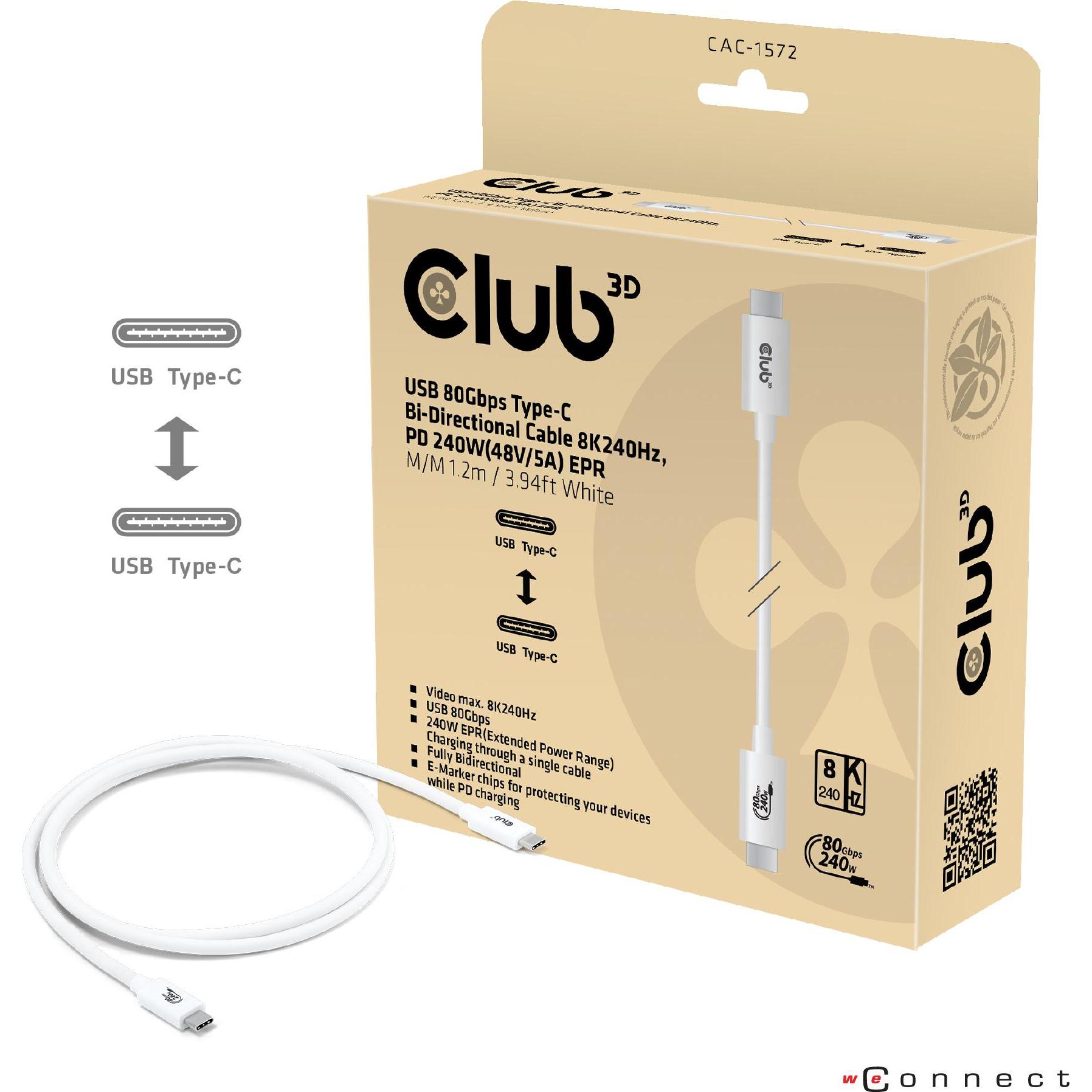 Club 3D Club3D Kabel USB C zertifi. PD240W/8K240Hz/80Gbps 1,2m weiss retail (1.20 m, USB 4.0), USB Kabel