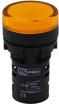 Actual product image RS PRO Indicator light, 230V ac Yellow, cut-out Ø 22mm LED panel mounting IP 65
