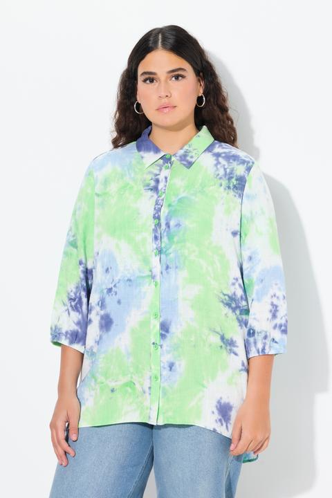 Image du produit Ulla Popken Chemisier en lin mélangé à imprimé Batik, col de chemise et manches 3/4 (54)