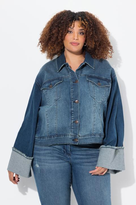 Immagine prodotto Ulla Popken Giacca di jeans con frange, collo da camicia e ampio risvolto sulle maniche (56)