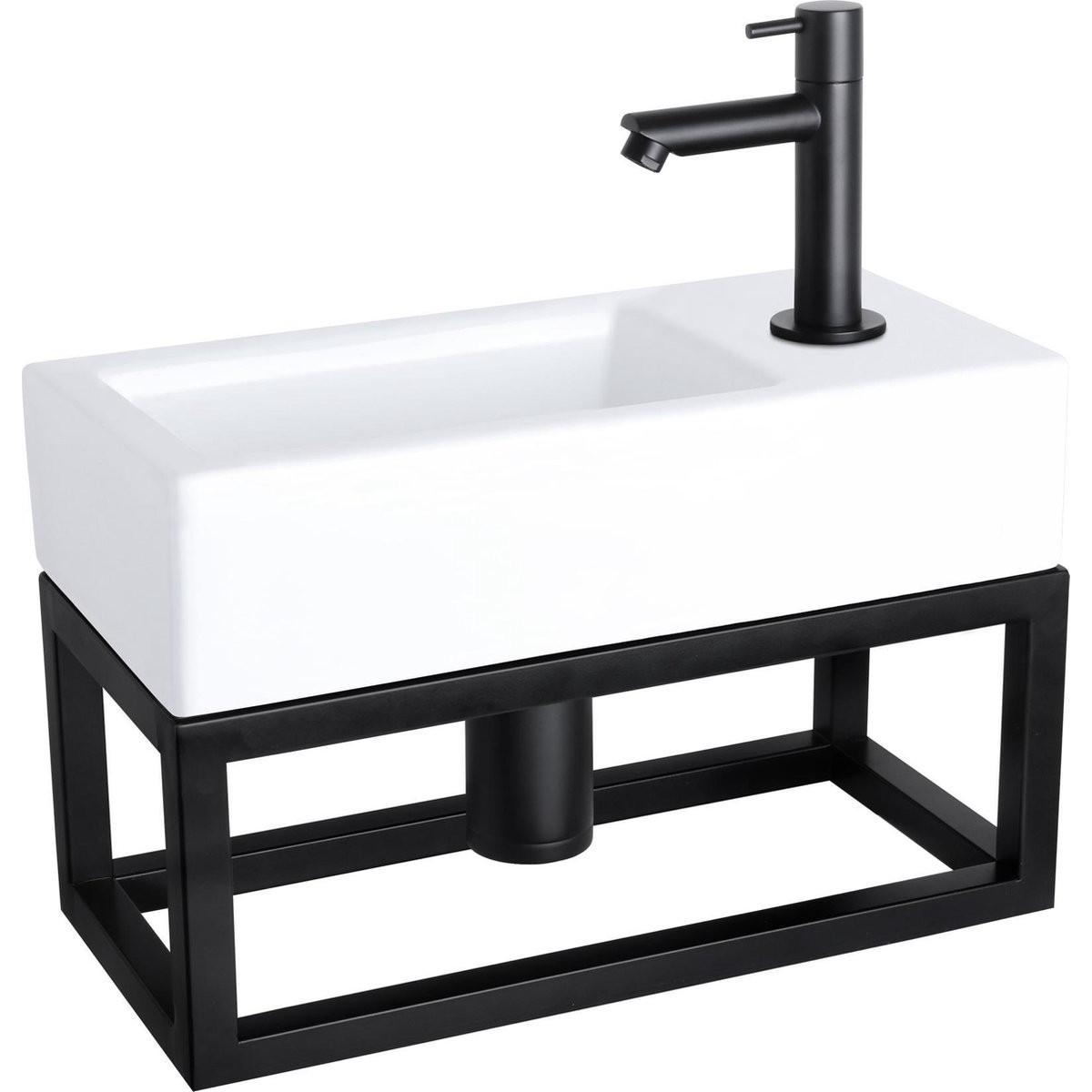 Differnz, Lavandino, Ravo Fonteinset - Wasbak Keramiek - Wit - Rechte Kraan - Mat Zwart - Standaard Greep - 38,5 x 18,5 x (185 mm, 385 mm)