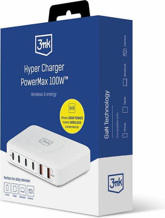 Produktbild 3MK Hyper Charger PowerMax 100W 4xUSB-C + 2xUSB-A stacja ładująca z ład. indukcyjną QC+PD (100 W, 7 Ports)