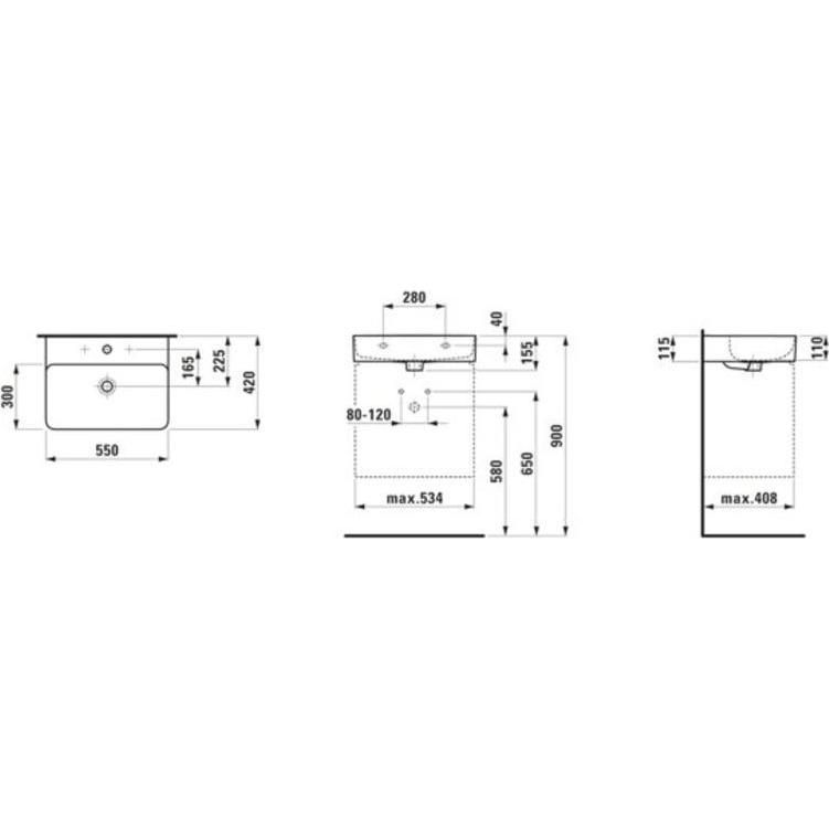 Thumbnail - Laufen, Waschbecken, Waschtisch VAL 550x420mm m ÜL 3 HL-Ausf. weiss matt (420 mm, 550 mm)