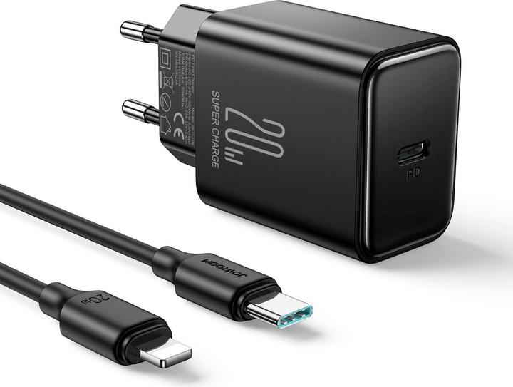 Actual product image Joyroom JR-TCF06 Flash Series PD 20W Single-Port Charger-Black (EU)+C to L Cable 1m-Black (20 W, 1 portion)
