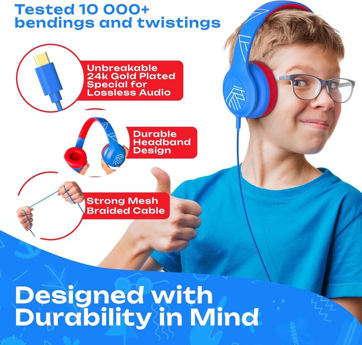 Produktbild PowerLocus PLED Kinderkopfhörer USB-C-Kabelgebunden blue/red