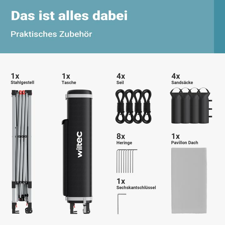Produktbild Wiltec Pop up Pavillon 3x3m weiss Räder Gartenpavillon Faltpavillon Camping Party (300 cm, 300 cm)