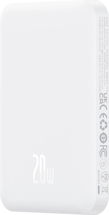 Actual product image Baseus mini power bank 5000mAh 20W + USB-C cable (20V/3A) - white (5000 mAh, 20 W, 19250 Wh)