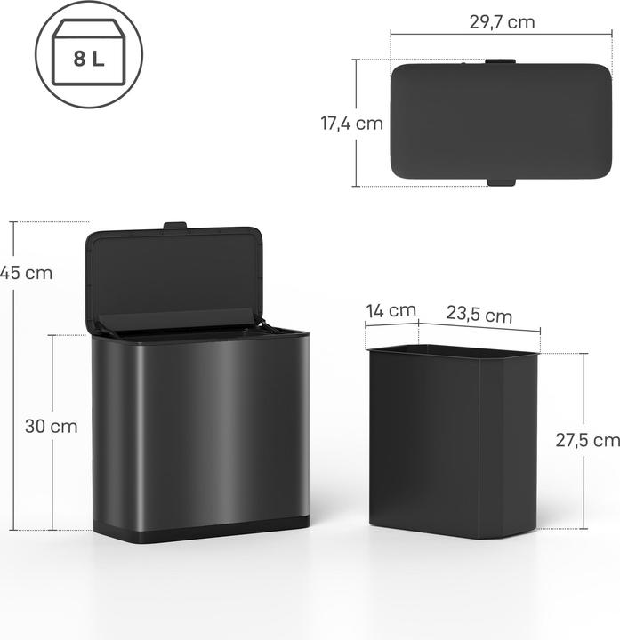 Produktbild Homcom Mülleimer Edelstahl, Kunststoff Schwarz (8 l)