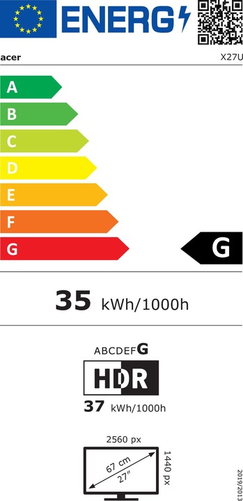 Energielabel Acer Predator X27Ubmiipruzx (2560 x 1440 pixels, 26.50")