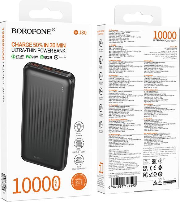 Immagine prodotto Borofone Powerbank 10000mAh BJ80 Clever - 2xUSB + Typ C - QC 3.0 22,5W PD 20W schwarz (10000 mAh, 22.50 W, 37 Wh)