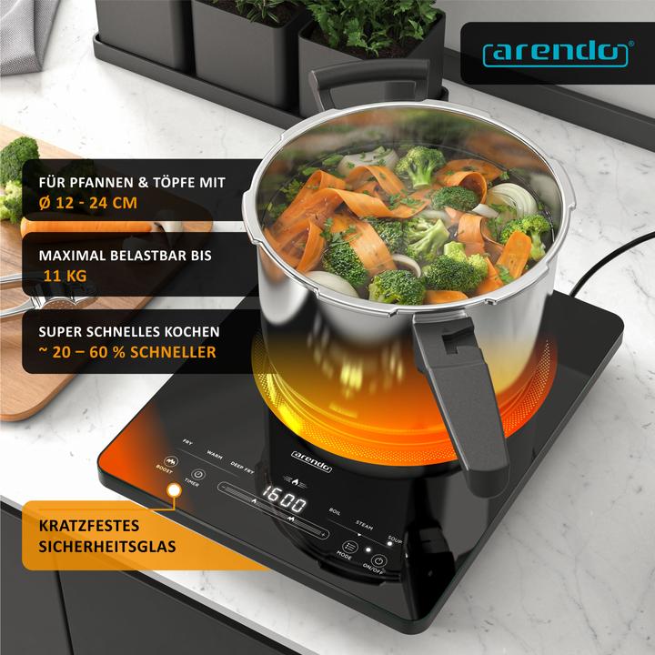 Produktbild Arendo Induktions-Kochfeld Einzelkochplatte, Mobile 2200W Induktionsplatte, Timer, Touch & Kindersicherung