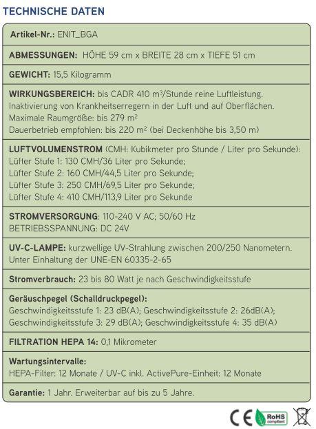 Nährwerte und Zutaten ActivePure ENITEK Beyond Guardian Air – Mobiler Hochleistungs-Luftreiniger