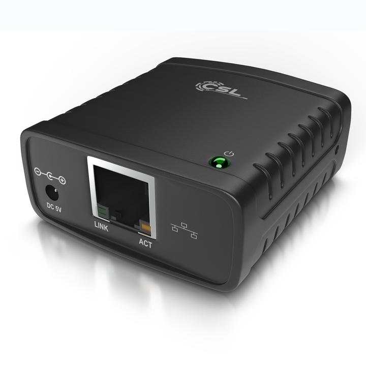 CSL LAN Printserver, USB Druckerserver, Netzteil, Fast Ethernet, für PC Windows Vista, XP, 7/8/8.1/10/11
