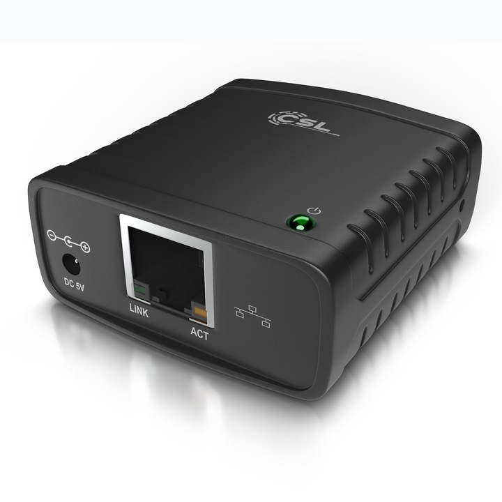 CSL LAN Printserver, USB Druckerserver, Netzteil, Fast Ethernet, für PC Windows Vista, XP, 7/8/8.1/10/11