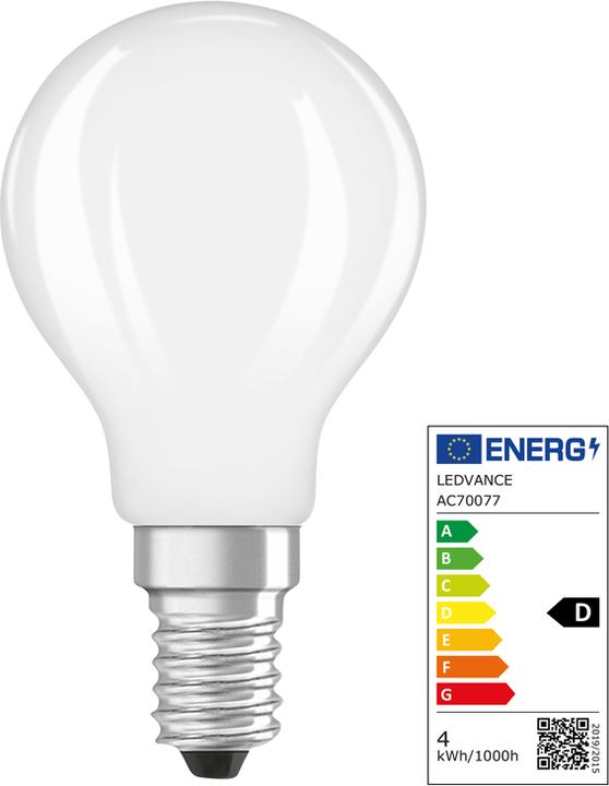 Energy Label Osram LED Leuchtmittel LED Retrofit CLASSIC P 3.4W 827 Frosted E14 Warm weiss 4099854469152 (E14, 470 lm, 6x)