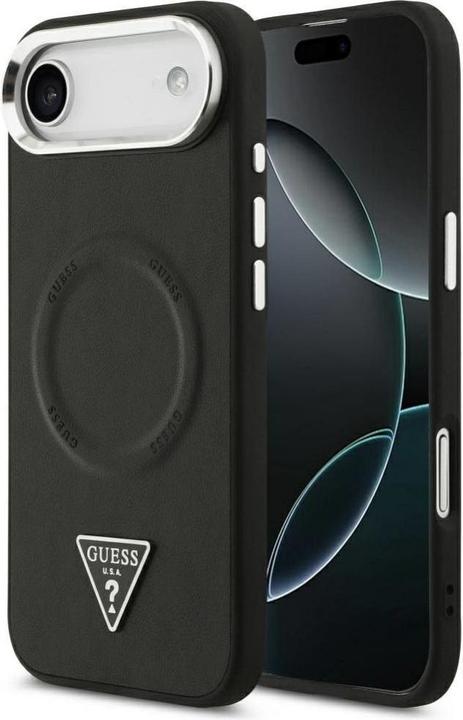 Image du produit Guess Case Magsafe PU Leather Case With Triangle Logo Silver Metal Camera Frame For iPhone 17 Air Bl (Apple iPhone 17)