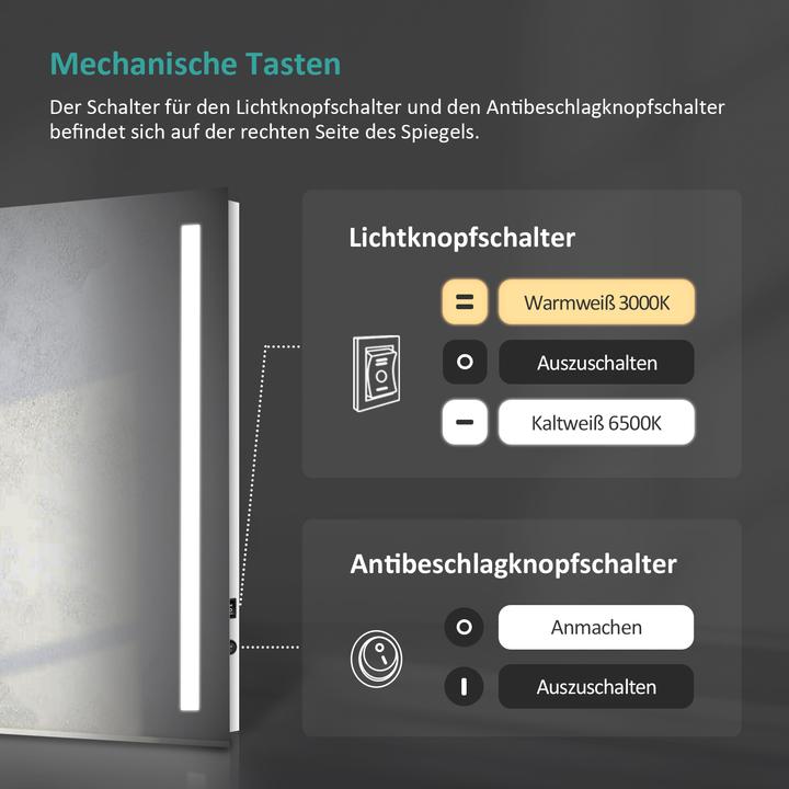 Produktbild Emke LED Badspiegel 60x45cm mit Touch-Schalter, Antibeschlag, Sicherheitsfolie, Warmweiss/Kaltweiss, IP44 (60 x 45 cm)