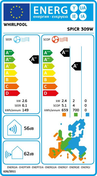 Label énergétique Whirlpool SPICR 312W (18 m², 9000 BTU/h)