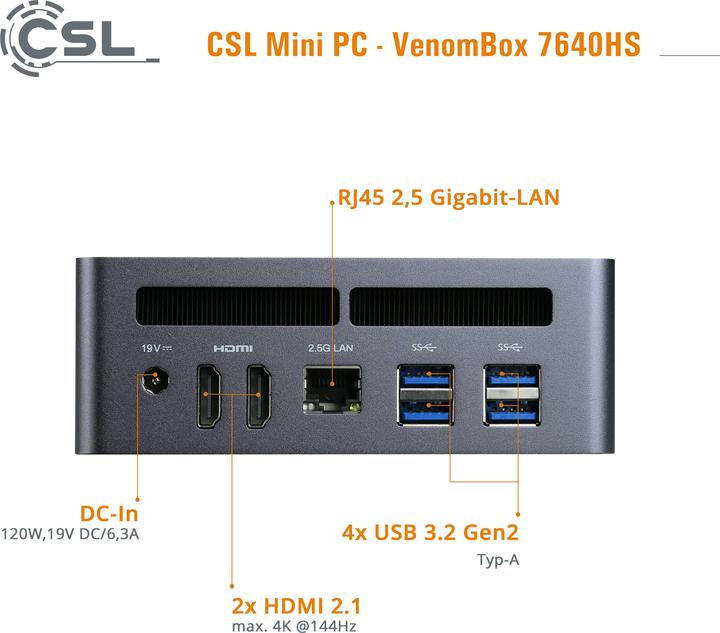 Actual product image CSL Mini-PC VenomBox 7640HS / 96GB / 2000 GB M.2 SSD / Windows 11 Home (AMD Ryzen 5 7640HS, 96 GB, 2000 GB, Radeon 760M)