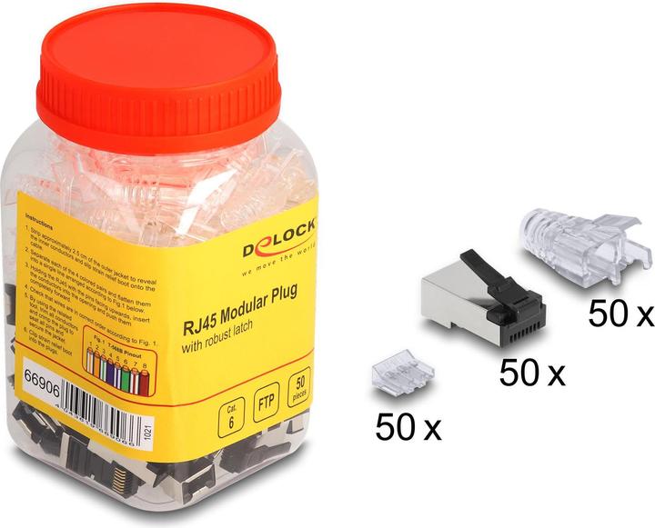 Actual product image Delock RJ45 modular plug with robust snap-in lug Cat.6 and bend protection sleeve 50pcs set (Network cable)