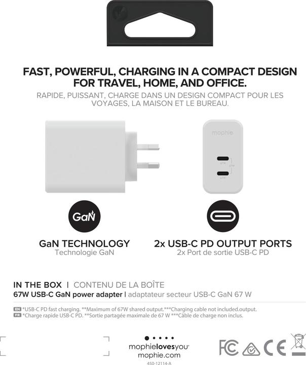 Label énergétique mophie 409909306, Intérieure, Secteur, Blanc (67 W, 2 ports)