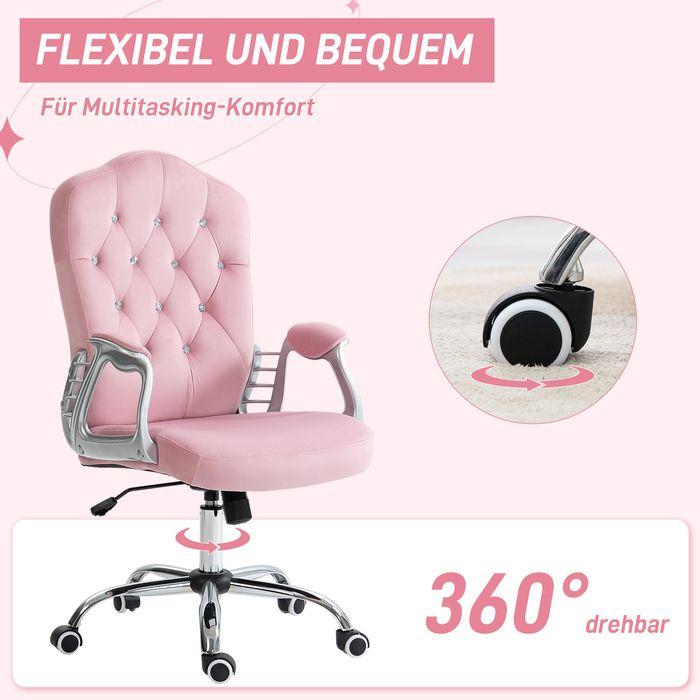 Produktbild Swisshandel24 Bürostuhl mit Wippfunktion, ergonomisch, mit Kristallknöpfen, Samtoptik, bis 120kg, Rosa (47 - 57 cm)