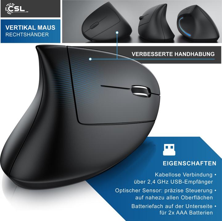 Immagine prodotto CSL Ergonomische Maus Vertikalmaus, 6 Tasten, 800-1600 DPI, Wireless 2,4 Ghz mit USB Dongle, schwarz (Senza fili)