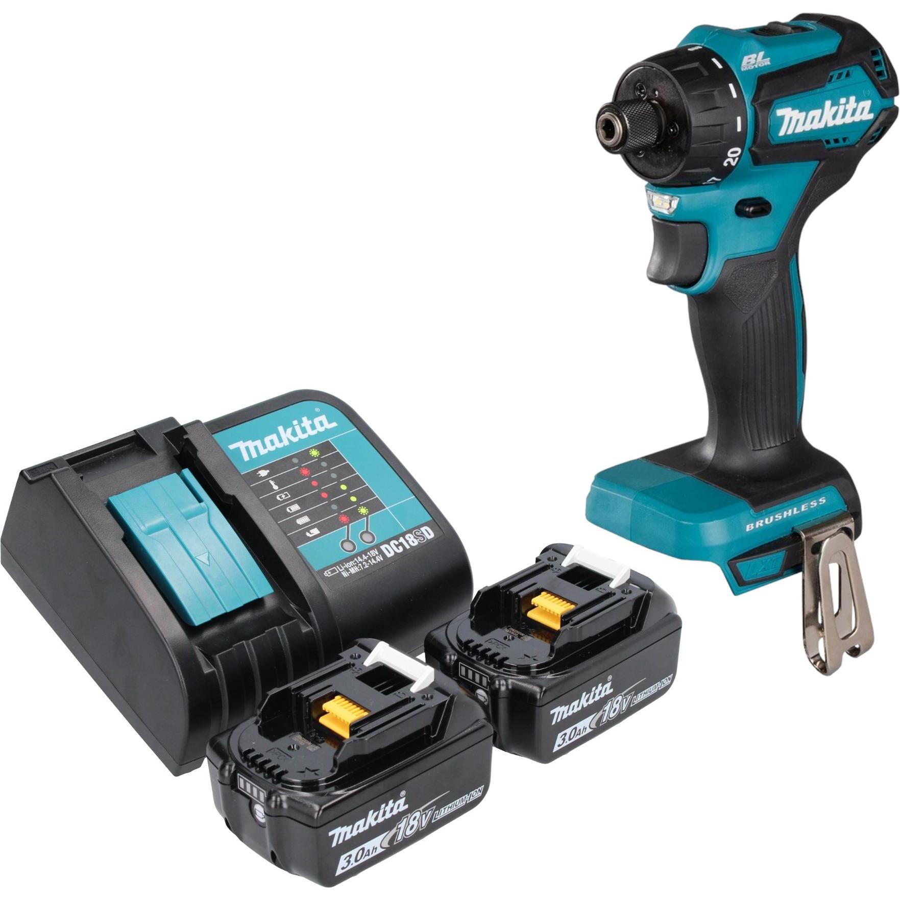 Makita, Bohrmaschine + Akkuschrauber, DDF 083 SF Akku Bohrschrauber 18 V 40 Nm 1/4" Brushless + 2x Akku 3,0 Ah + Ladeger...
