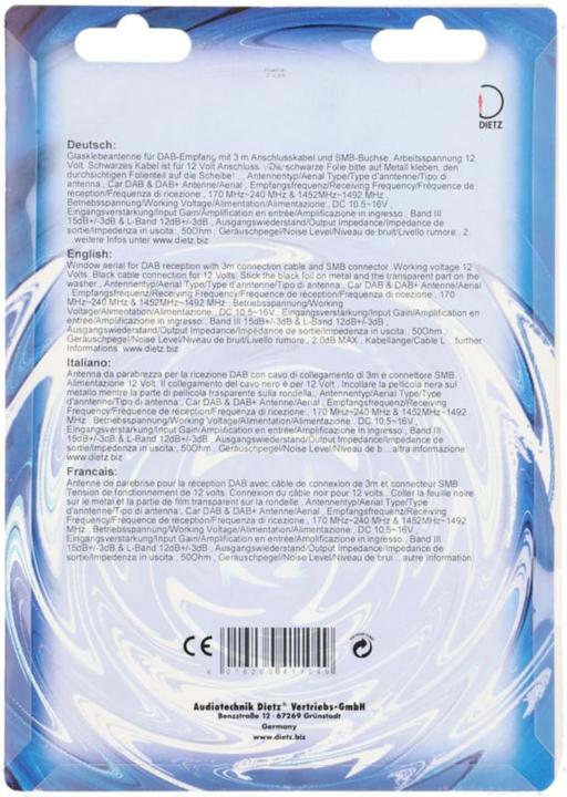 Valori nutrizionali e ingredienti Dietz Antenna adesiva in vetro DAB e DAB+