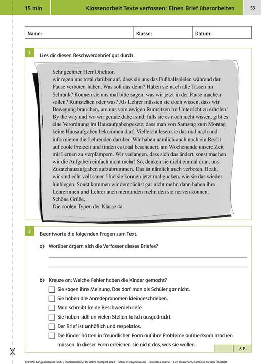 Produktbild Sicher ins Gymnasium: Klassenarbeitstrainer für den Übertritt Deutsch 4. Klasse (Deutsch, 2023)