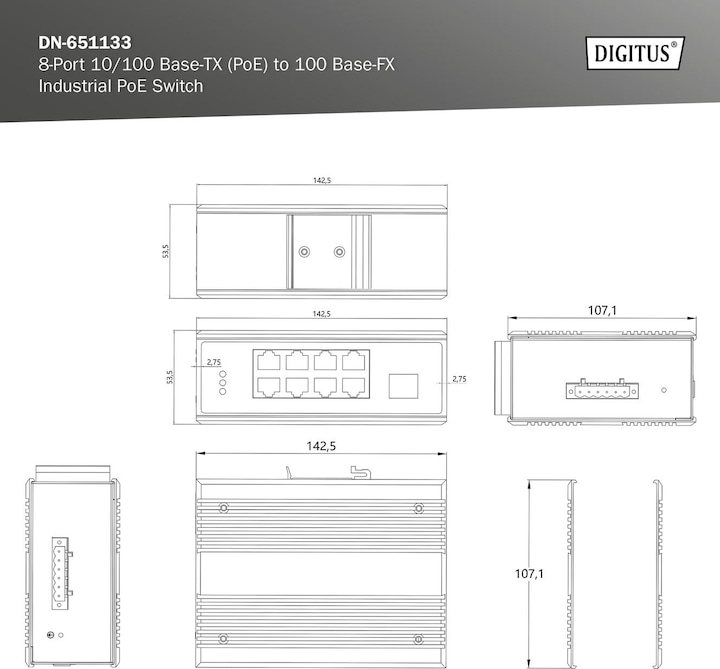 Produktbild Digitus 8-Port 10/100Base-TX(PoE) to 100Base-FX Industrial PoE Switch (8 Ports)