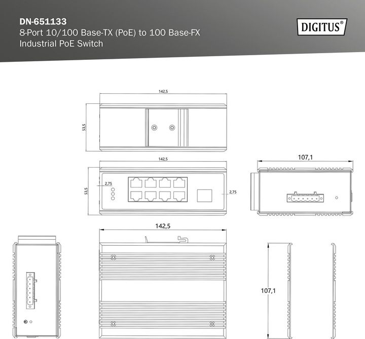 Actual product image Digitus 8-Port 10/100Base-TX(PoE) to 100Base-FX Industrial PoE Switch (8 Ports)