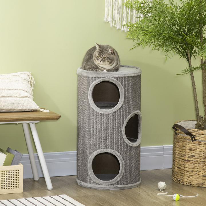Actual product image PawHut Scratching bin with 3 caves (70 cm, Light grey)
