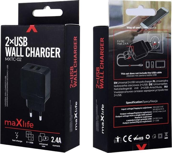 Produktbild Maxlife wall charger MXTC-02 2xUSB Fast Charge 2.4A (12 W, 2 Ports)