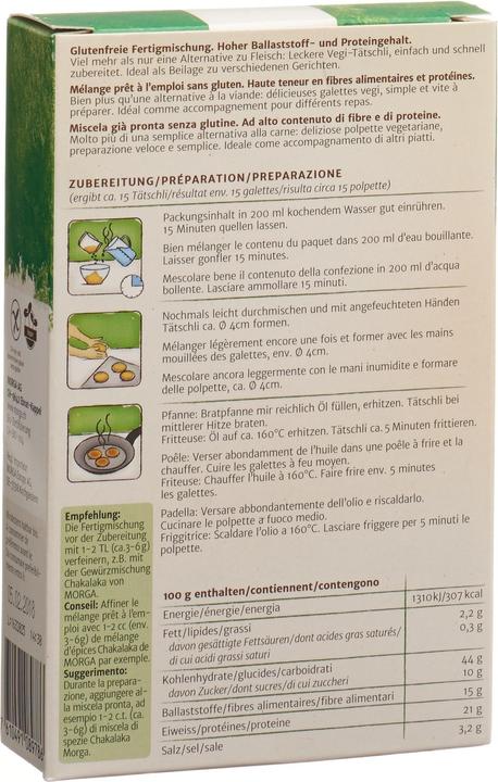 Nährwerte und Zutaten Morga Linsentätschli glutenfrei Bio (176 g)