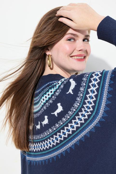 Immagine prodotto Ulla Popken Abito di maglia in stile norvegese con cane, taglio oversize, scollo a girocollo e maniche lunghe (56)