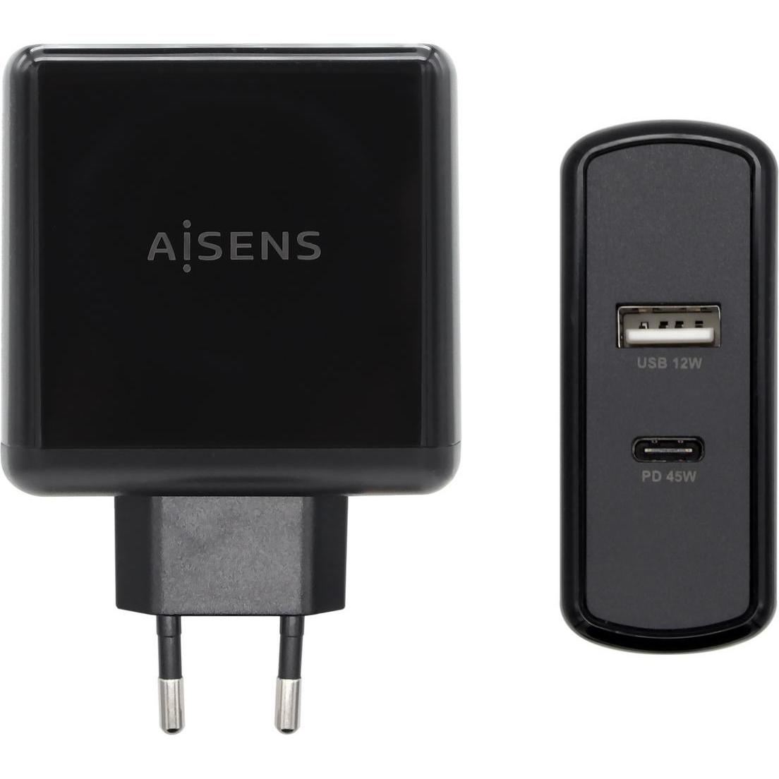 Aisens CARGADOR 57W 1xUSB-C PD3.0 45W 1xUSB-A 5V 2.4A 12W NEGRO (57 W, 1 porzione), Caricatore USB, Nero